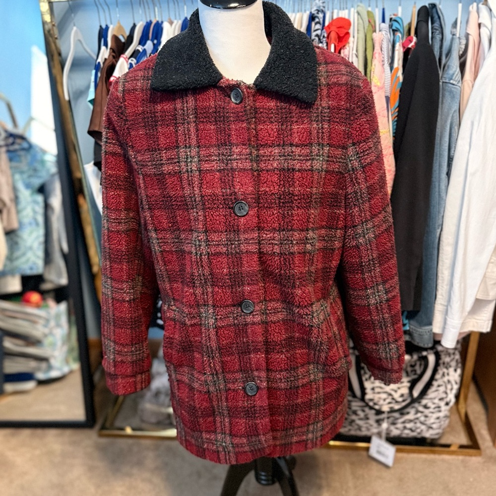 Red Plaid Wool Coat with Black Collar